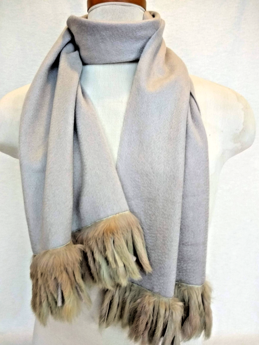 Portolano Cashmere Knit Wrap Real Silver Fox Fur Trim One Size Knit Mia Natural Silver Fox Fur Scarf Shawl: FurHatWorld.com main image 4