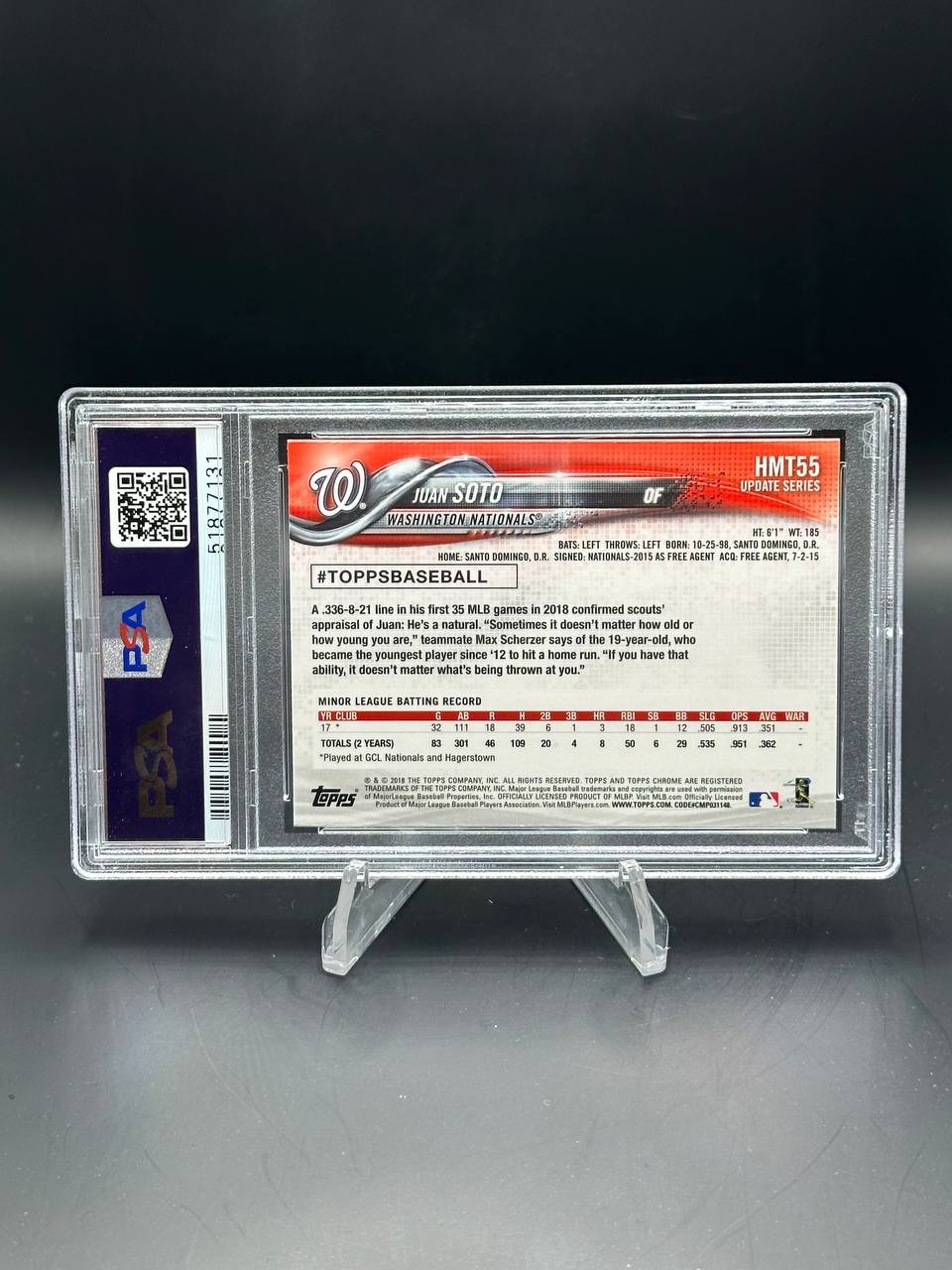 2018 Topps Chrome Update #HMT55 Juan Soto Update PSA 10 view 2