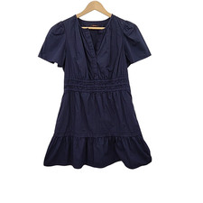 Quince Women 100% Organic Cotton Poplin Tiered Mini Dress Navy Basic Sleeved M