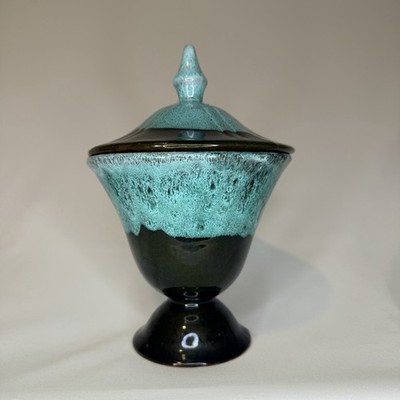 Vintage Canadian Studio Pottery Lidded Urn   Black & Teal Drip Glaze MCM