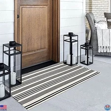 Black & White Striped Outdoor Rug - 2' x 4.3' Hand-Woven Cotton Reversible Mat