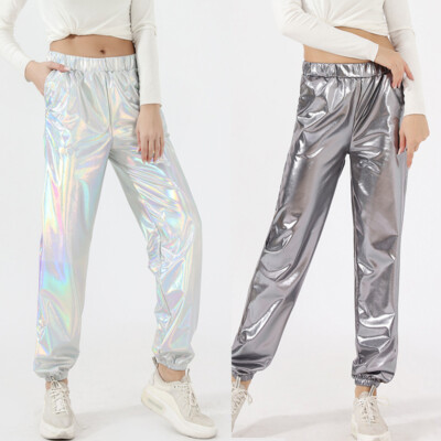 Damen Metallisch Glänzend Haremshose Hose Elastisch Waistwet Look Baggy Tanzclub
