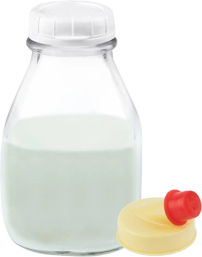 16 Oz Glass Milk Bottle with Lid and Pour Spout – Small Glass Creamer Contain...