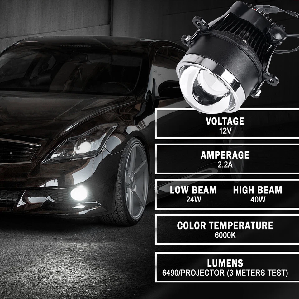 2PCS 3.0" Bi LED Fog Projector Lens Hi/Lo Beam Retrofit Fog Light Lamp White 60W - Image 2 of 4