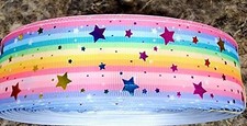 1.5" 1 yard Rainbow foil stars stripe princess printed Grosgrain Ribbon