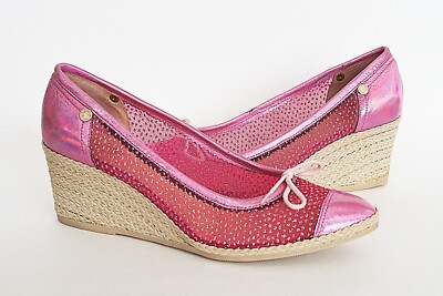 A.Testoni Women Espadrilles Wedges Metallic Leather Mesh Shoes Pink Size 38 US 8