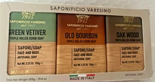 SAPONIFICIO VARESTINO TRIPLE MILLED SCRUB SOAP BOX W.3 SOAPS BOURBON,OAK WOOD