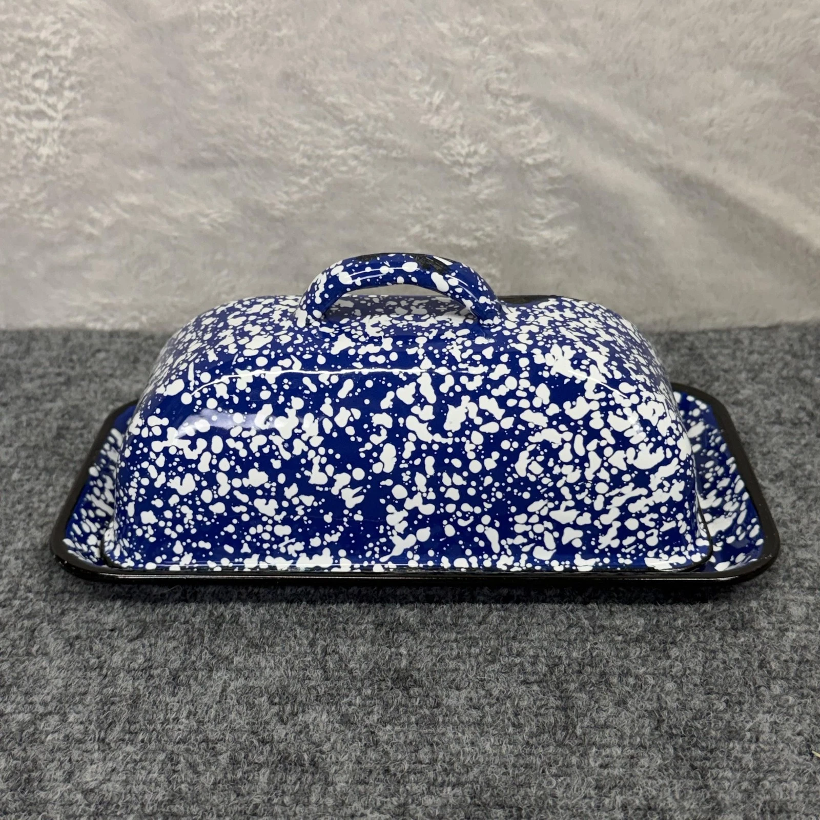 VTG Blue & White Splatter Enamelware Lidded Butter Dish w/ Lid Farmhouse Large