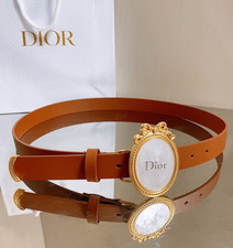 Dior M daillon Brown Leather Belt Gold Oval Bow Buckle 2.5CM Unisex