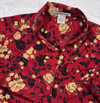 Notations Floral Rose Button Shirt Women L (FIT M) Red Lightweight Office Artsy