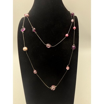 Candies Pink Purple Crystal Bead Station Necklace Gunmetal Tone 36 Inch Long