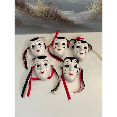 Vintage Small Ceramic Harlequin Pierrot Theater Masks Lot of 5 Black White Red