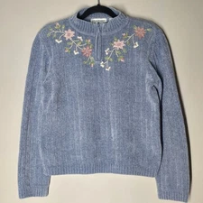Cottagecore Floral Embroidered Knit Zip Sweater Blue Size PM Grandma Soft