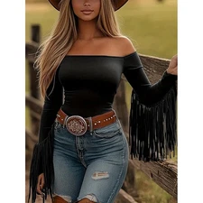 Women's Western Cowgirl Off-Shoulder Fringe Top Sexy Slim Fitted L/S Tassel Blou