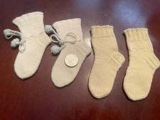 Vintage Baby Booties Blue Pompoms  Pair Of Socks Knitted Cotton Dolls Estate