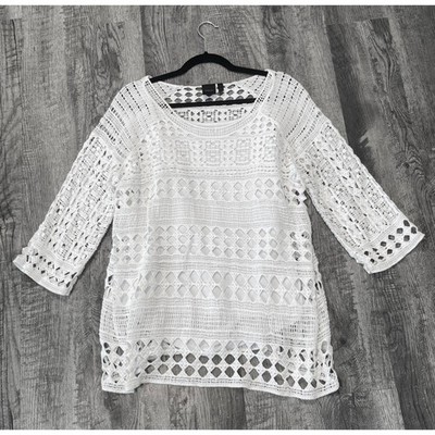 Rafaella White Crochet Lace Tunic Top Womens XL Cotton 3/4 Sleeve