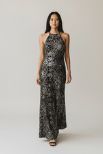 Nightway Black Tan Bronze Chrome Sequin Formal Gown 8 Floor Length Dress Modern