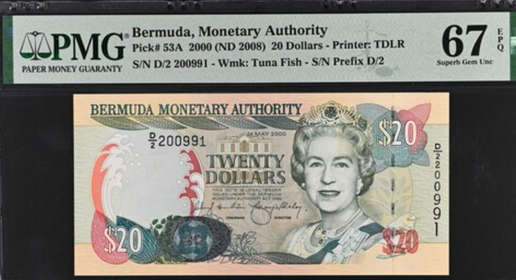 2000 Bermuda 20 Dollars P53A BANKNOTE CURRENCY UNC PMG 67 EPQ