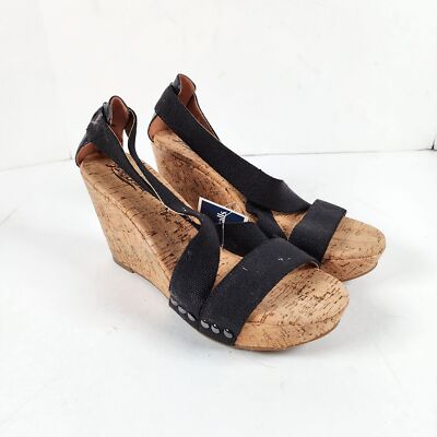New Lucky Brand Black Strappy Cork Wedge Heels, US Size 9M