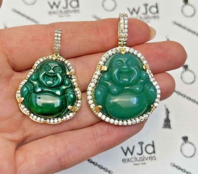 14K Gold CZ Frame Green Jade Fat Buddha Charm Pendant 1.5 14K Gold CZ Frame Green Jade Fat Buddha Charm Pendant 1.5