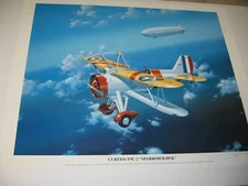 1930's US Navy Curtiss Sparrowhawk F9C-2 Bi-Plane Lithograph Signed -Ray Wadday