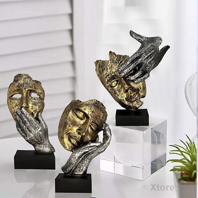 Human Face Decorative Statues Handcrafted Hand Painted Pack of 3, Gold & Silver