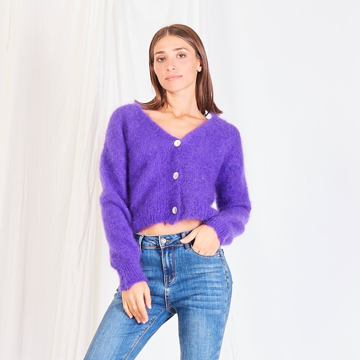 Fluffy Italian Women's Mohair Knitted V-Neck Cardigan with
