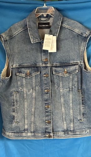 Calvin Klein Jeans Denim Trucker Vest Mens Medium Cut Off Jacket Style NEW. XL