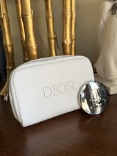 Christian Dior White Cotton 2 Piece Cosmetic Makeup Zipper Bag With Round Mirror