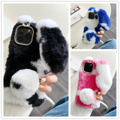 Cute Rabbit Fur Ball Fuffly Plush Bling Protect Rubber Warm Soft Case For Phones