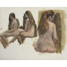 Vintage Female Nude Postimpressionist Figurative Sketches, Oil On Canvas Paper