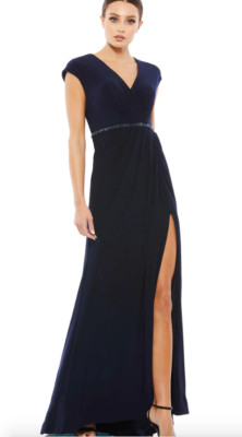 MAC DUGGAL 67850 FAUX WRAP V-NECK CAP SLEEVE JERSEY NAVY GOWN DRESS 20