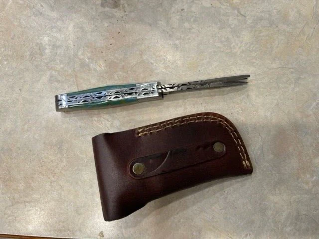 NAVAJA DE BOLSILLO PLEGABLE DE DOBLE HOJA DAMASCO HECHA A MANO - SIN BLOQUEO Cerámica verde Foto 3 de 4