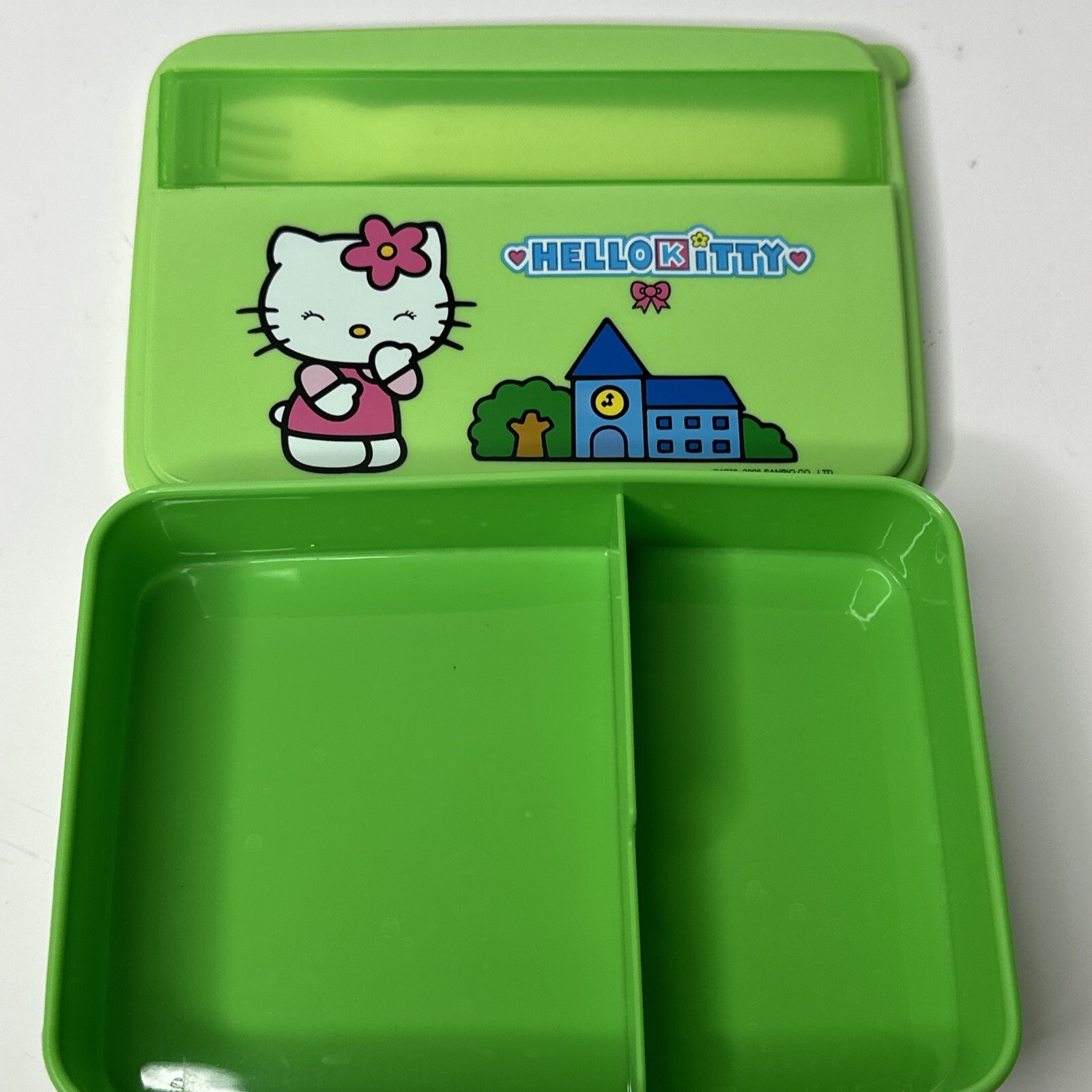 Sanrio Hello Kitty Plastic Bento Box Green With Lid Fork 2005 Lunchbox Kit