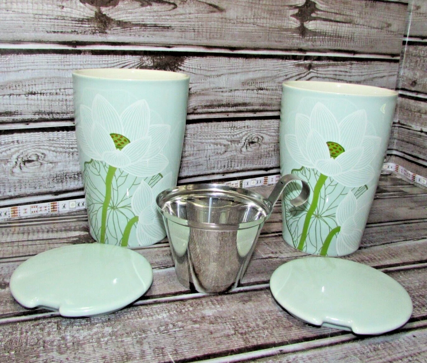 Tea Forte KATI Pale Green Flower Steeping Cup w/Lid (2) & Infuser Bskt (1)