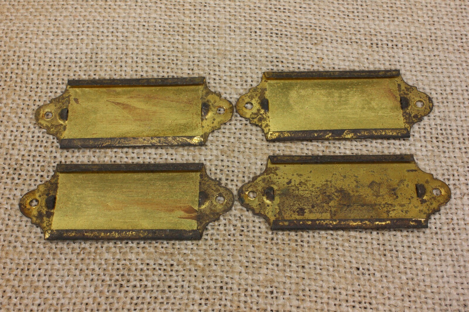 4 Old Card Holders Labels Name Plates 15/16 X 2 1/2” Tarnished Brass Vintage