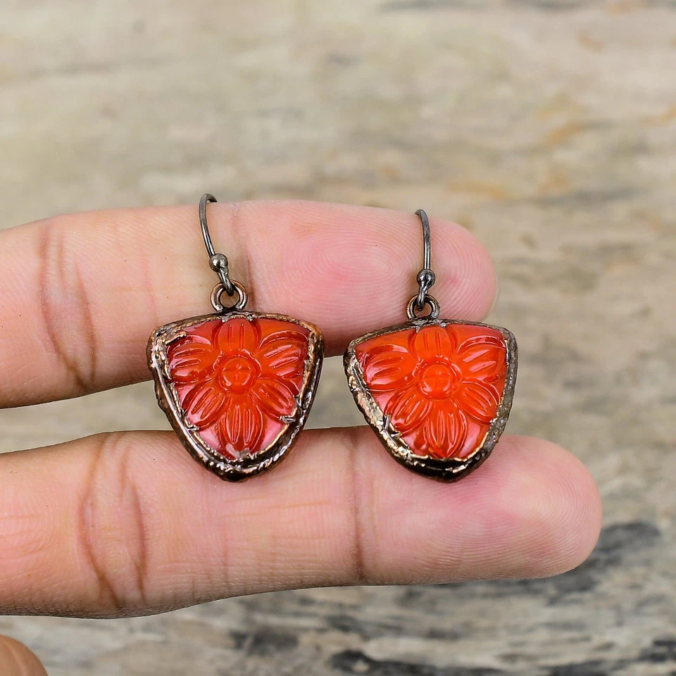 Copper Trillion Carved Red Onyx Gemstone Electroformed Bezel Dangling Earrings - Image 3 of 4
