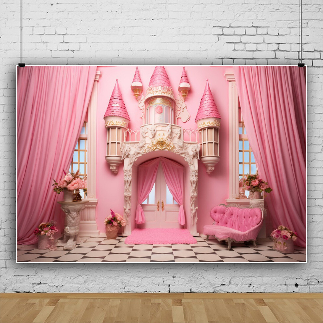 Pink Princess Castle Girls Birthday Backdrop Photography