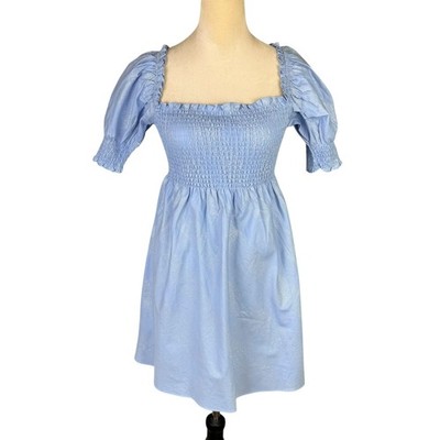 Hill House NWT XS Athena Nap Dress LightBlue Glitter Check Smocked Mini Babydoll