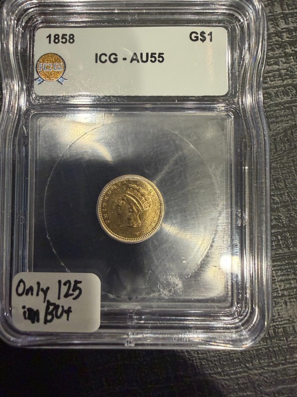 1858 $1 Gold Indian Dollar AU55