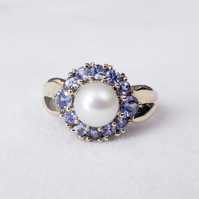 14K Gelbgold Perle und Tansanit Halo Ring Größe 5,5 um 1990