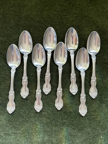 Eight Wallace Sterling Silver La Reine Spoons 6" Inch