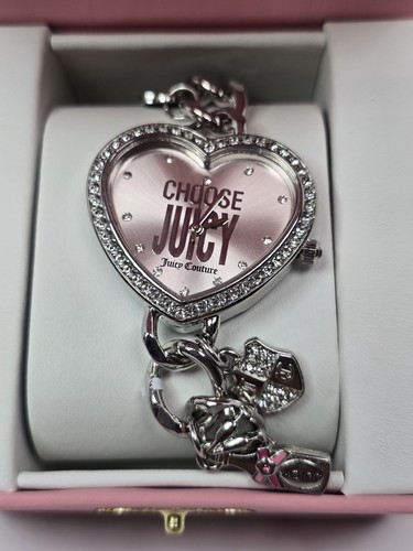 JUICY COUTURE Pink Heart Choose Juicy Charm Watch Bracelet Silver NEW - Picture 2 of 4