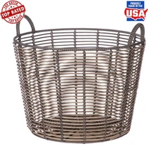 Extra Large Round Poly Rattan Storage Basket W/ Handles Home Organization Brown