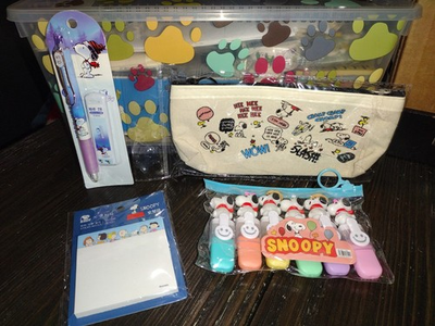#ad Snoopy Stationary Set Pencil Highlighter Bag Sticky Notes Blue $20.95