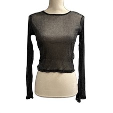 Black Sheer Y2K Crop Top Metallic Flare Sleeve Size M Witchy Whimsigoth Fairy