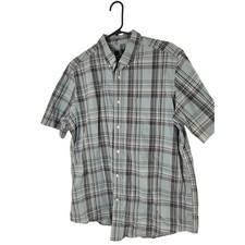 George Men's Classic Fit Short Sleeve Poplin Shirt Green/Gray Plaid Button Front
