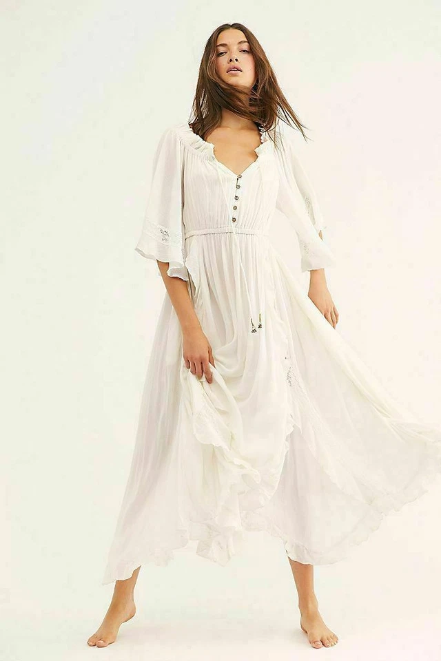 Free People Beach Bliss Maxi Dress White Bell Sleeve Off Shoulder Summer New S - Image 2 of 4