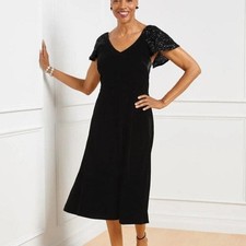 NWT Talbots Sequin Sleeve Black Velvet Fit n Flare Dress Size 6