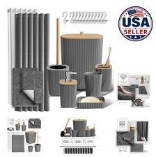 Grey Bathroom Accessories Set 22 Piece with Shower Curtain Rugs Bamboo Soap